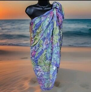 Kismet Hawaii Sarong Scarf  Tropical Purple Pink Green Floral 40"×70" Rayon NWT